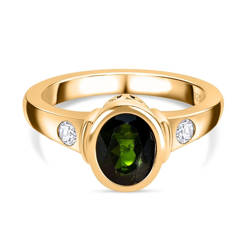 Natürlicher Chromdiopsid, weißer Zirkon Ring, 925 Silber vergoldet, ca. 1.62 ct