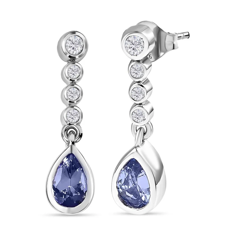Tansanit, Weißer Zirkon Ohrringe, 925 Silber platiniert ca. 0.94 ct