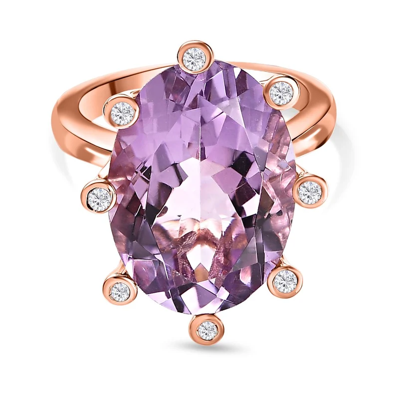 Rose De France Amethyst, weißer Zirkon Ring, 925 Silber rosévergoldet ca. 11.77 ct