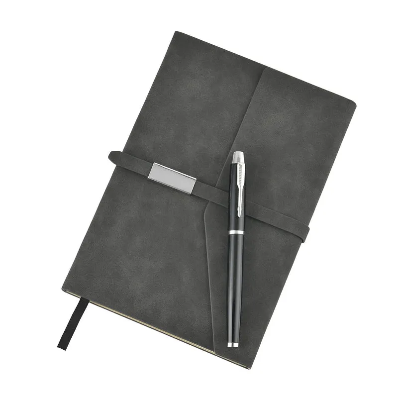 Klassisches Kunstleder-Notizbuch und Kugelschreiber-Geschenkset, 21x15 cm, grau