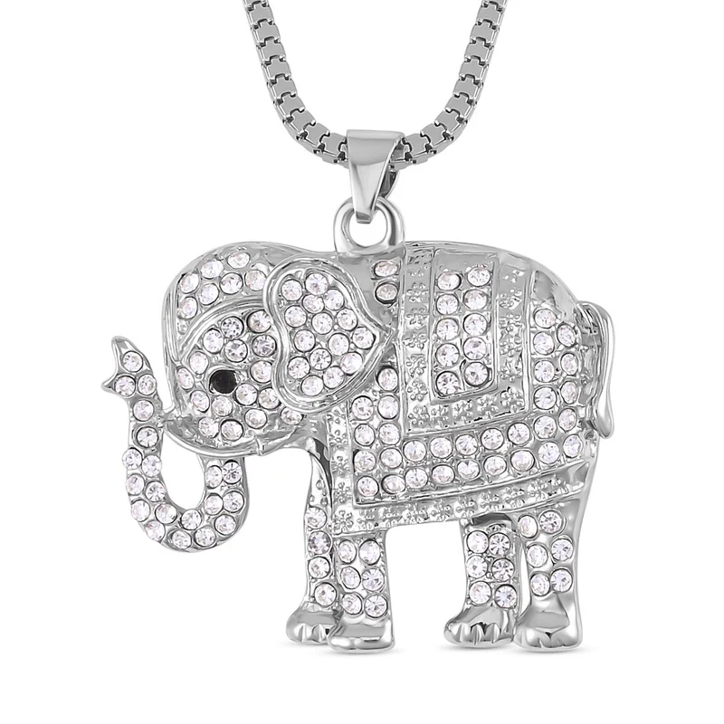 Glitzernder Elefanten-Anhänger mit Kette, weißem und schwarzem Kristall, silberfarben
