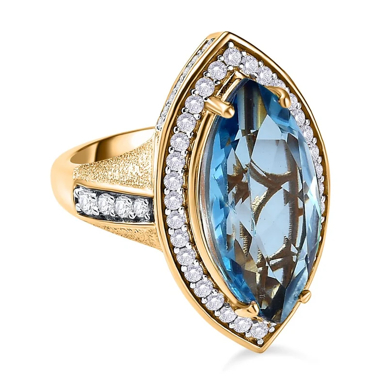Paraiba Blau Triplette Quarz, Weißer Zirkon Ring, 925 Silber Gelbgold Vermeil ca. 9.17 ct