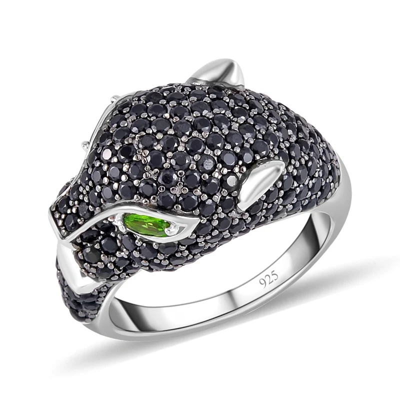Natürlicher Chromdiopsid, Schwarzer Spinell Ring, 925 Silber, ca. 2.61 ct