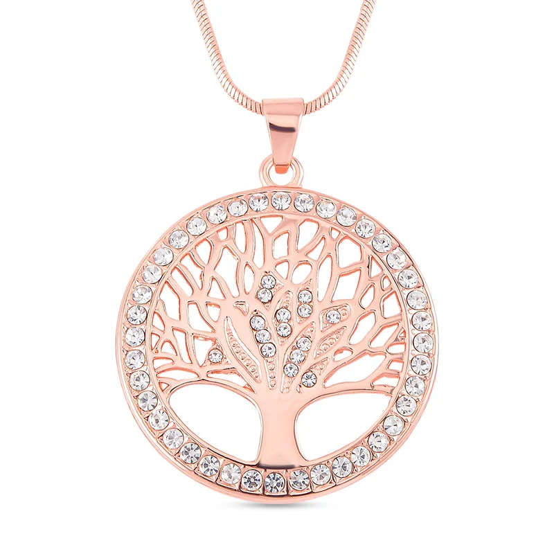 Kristall Lebensbaum Anhänger mit Kette, roséfarben