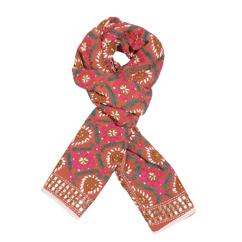 Phulkari Schal, Hand-Bestickt, 90x200 cm, rosa
