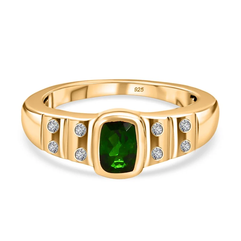Natürlicher Chromdiopsid, weißer Zirkon Ring, 925 Silber vergoldet ca. 0.62 ct