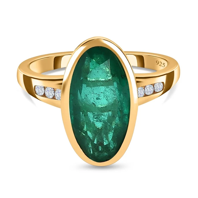 Smaragd-Quarz-Triplette, weißer Zirkon Ring, 925 Silber Gelbgold Vermeil ca. 3.85 ct