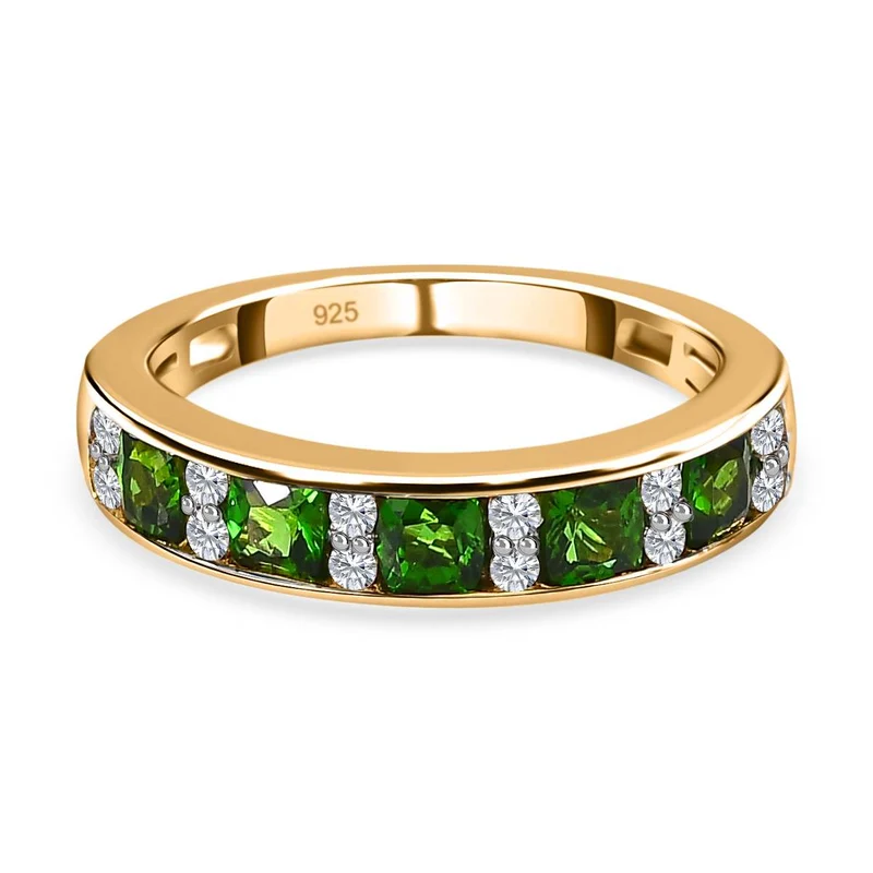 Natürlicher Chromdiopsid, weißer Zirkon Ring, 925 Silber vergoldet ca. 0.97 ct