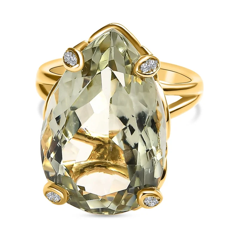 Prasiolite, Weißer Zirkon Ringe 925 Silber Gelbgold Vermeil ca. 20.43 ct