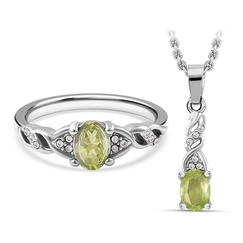 2er Set - Natürlicher Peridot Ring und Anhänger mit Kette Schmuckset, Reiner Edelstahl, ca. 0.60 ct