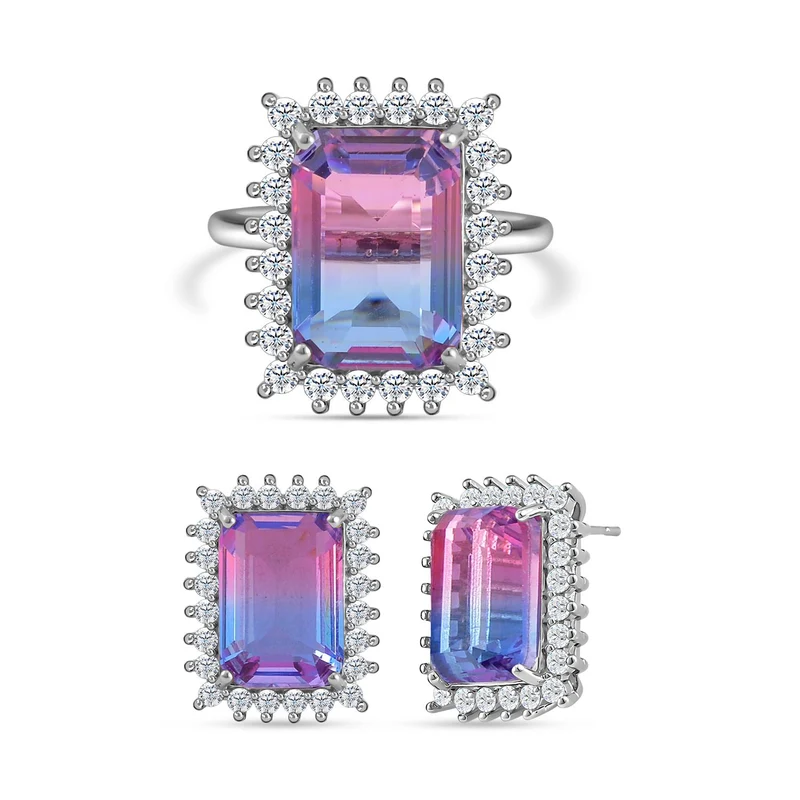 2er Set - Rosa Turmalin Glas, weißer Zirkonia Ring und Ohrringe Set, Reines Messing