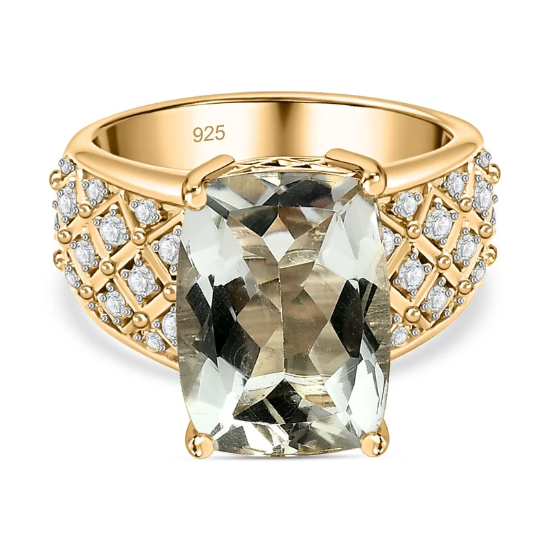 Prasiolith, weißer Zirkon Ring, 925 Silber vergoldet, ca. 6.67 ct