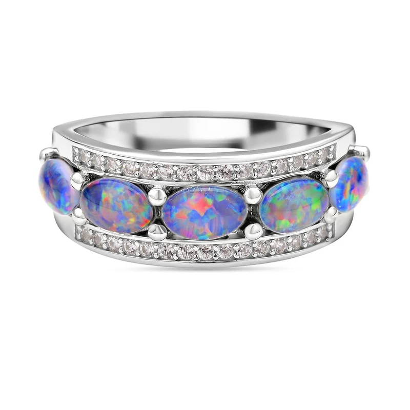 Boulder Opal Triplette und weißer Zirkon-Ring, 925 Silber rhodiniert ca. 2.05 ct