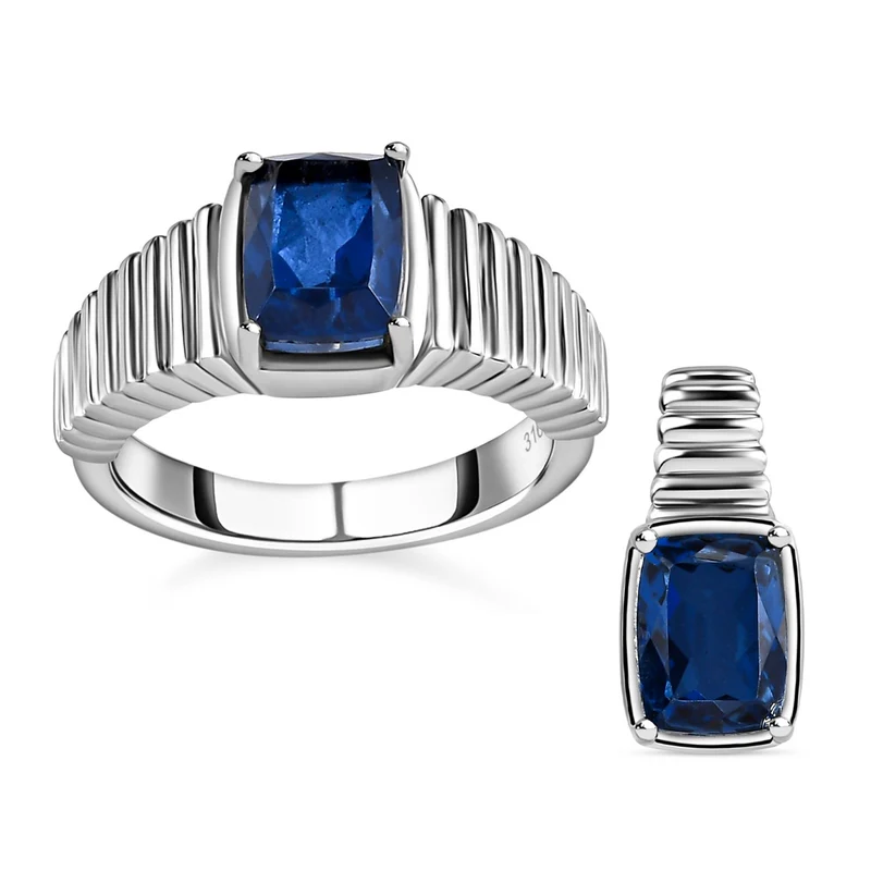 2er Set - Ceylon Farbe Quarz Ring und Anhänger Schmuckset, Edelstahl ca. 3.37 ct