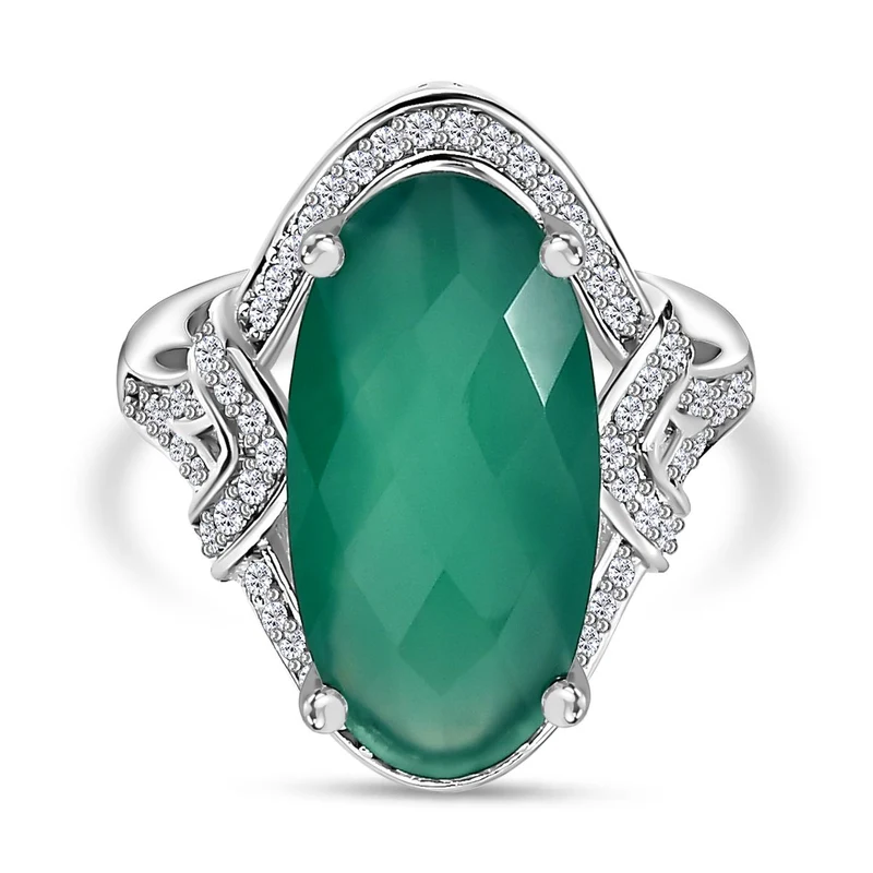 Grüner Onyx, Weißer Zirkon Ring, 925 Silber platiniert ca. 7.46 ct