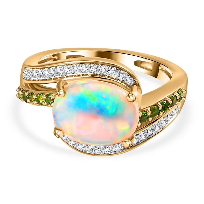 Natürlicher, äthiopischer Welo Opal, Natürlicher Chromdiopsid Ring, 925 Silber Gelbgold Vermeil, ca. 2.11 ct