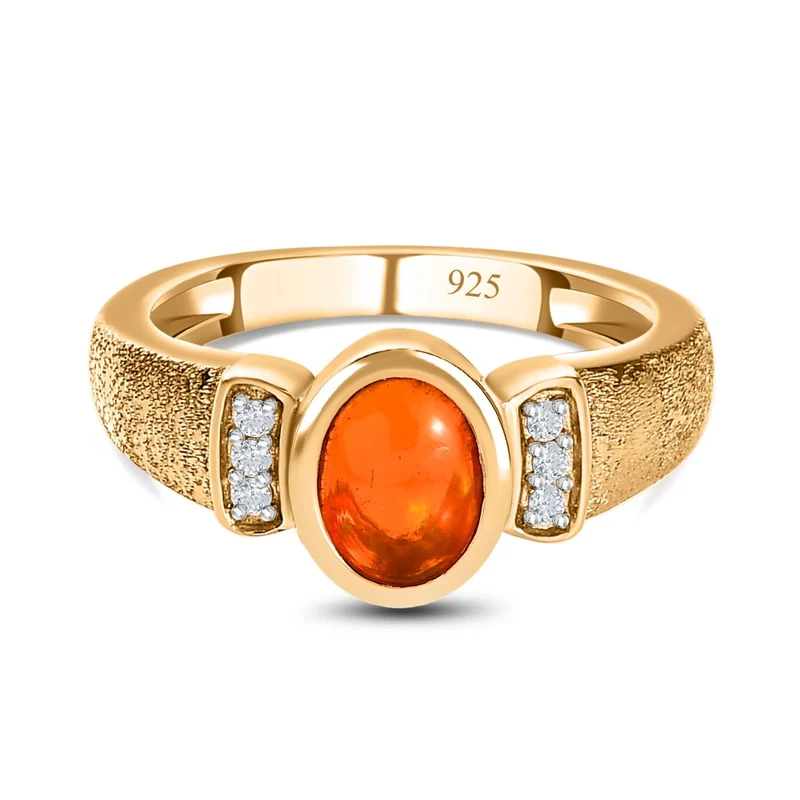Orange äthiopischer Welo Opal, Weißer Zirkon Ring, 925 Silber Gelbgold Vermeil, ca. 0.85 ct