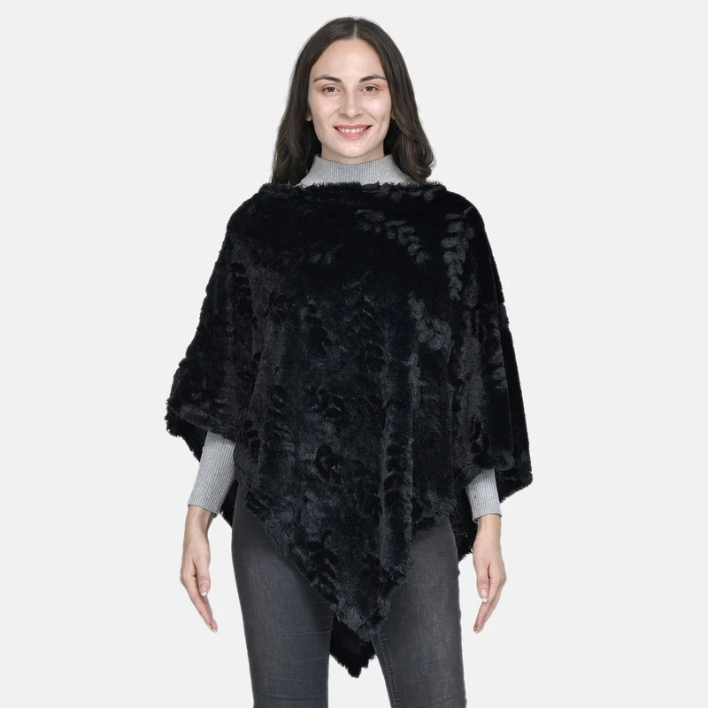 Weicher Kunstfell Poncho mit 3D Blätter Motiv, 85x100 cm, Braun