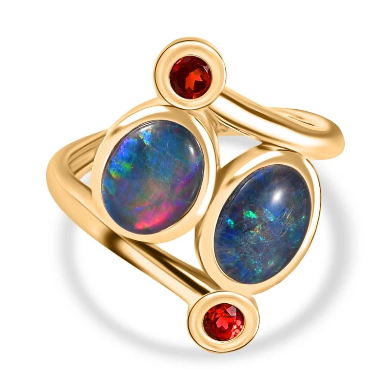 Boulder Opal Triplette, Mosambik Granat Ring, 925 Silber vergoldet ca. 2.16 ct