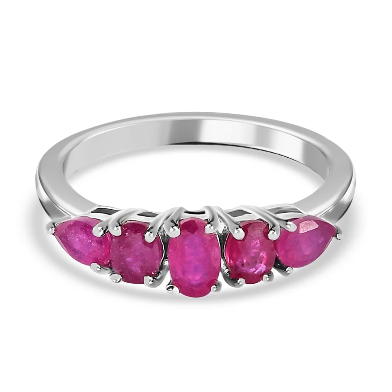 Fissure gefüllt Rubin 5 Stein Ring 925 Silber platiniert ca. 1,22 ct