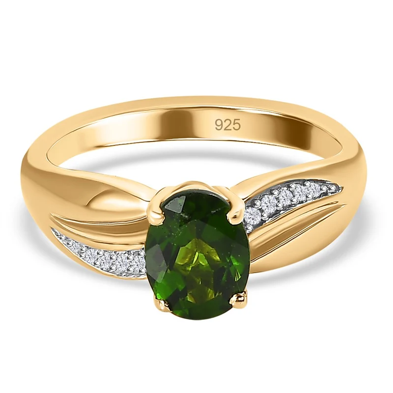 Natürlicher Chromdiopsid, weißer Zirkon Ring, 925 Silber vergoldet, ca. 1.56 ct