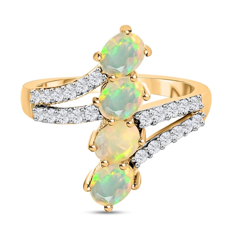Natürlicher, äthiopischer Welo Opal, Weißer Zirkon Ring, 925 Silber Gelbgold Vermeil ca. 1.26 ct
