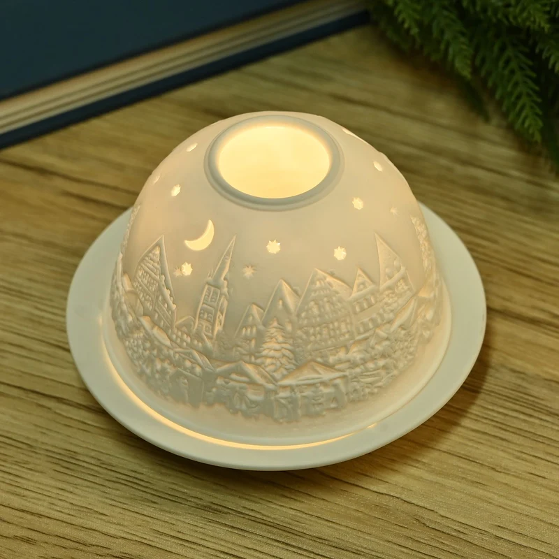 Weihnachts-Windlicht aus unglasiertes weißes Porzellan mit LED, 10 cm Diameter, weißer Engel