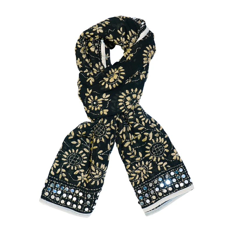 Phulkari Schal, Hand-Bestickt, 90x200 cm, schwarz