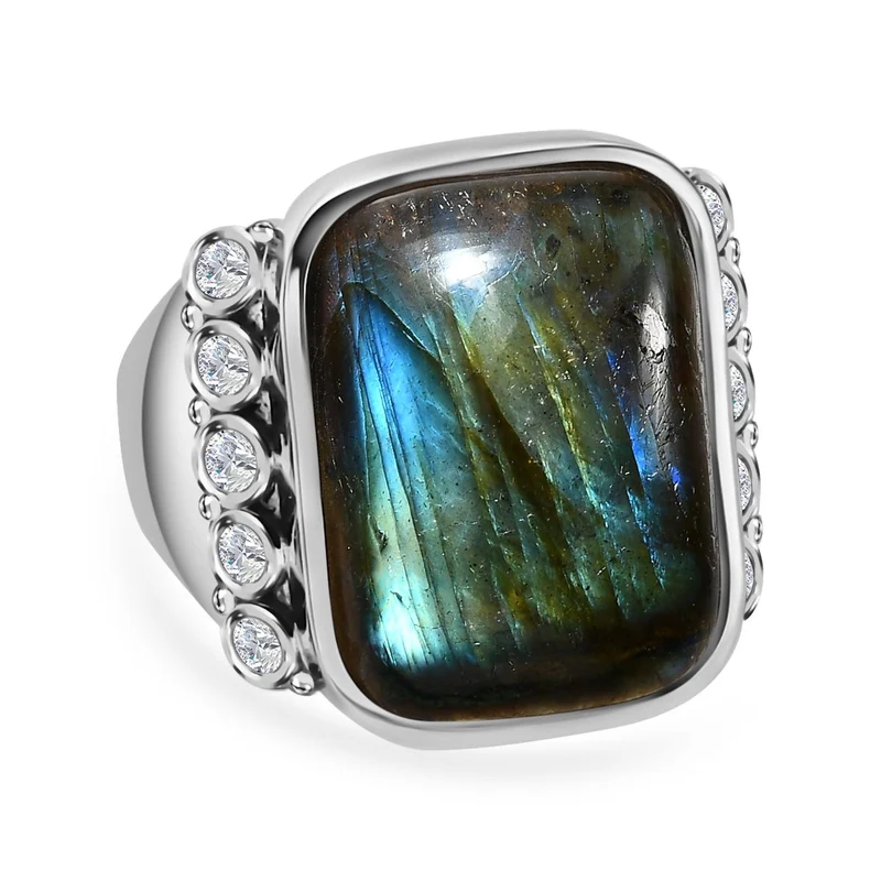 Labradorit, Weißer Zirkon Ring, Edelstahl ca. 14.70 ct