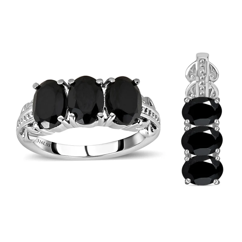 Schwarzer Spinell Schmuckset Edelstahl ca. 5.84 ct