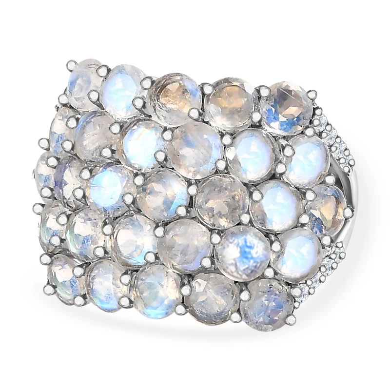 Premium Regenbogen Mondstein, weißer Zirkon Ring, 925 Silber platiniert, , ca. 7.92 ct