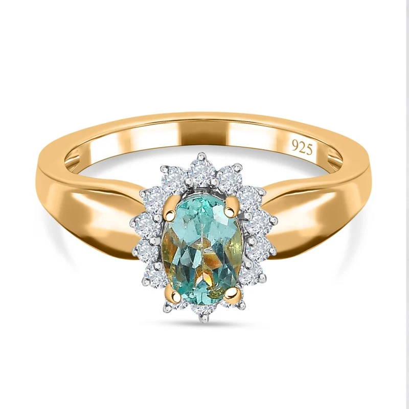 Minz Apatit, weißer Zirkon Ring, 925 Silber vergoldet ca. 0.92 ct