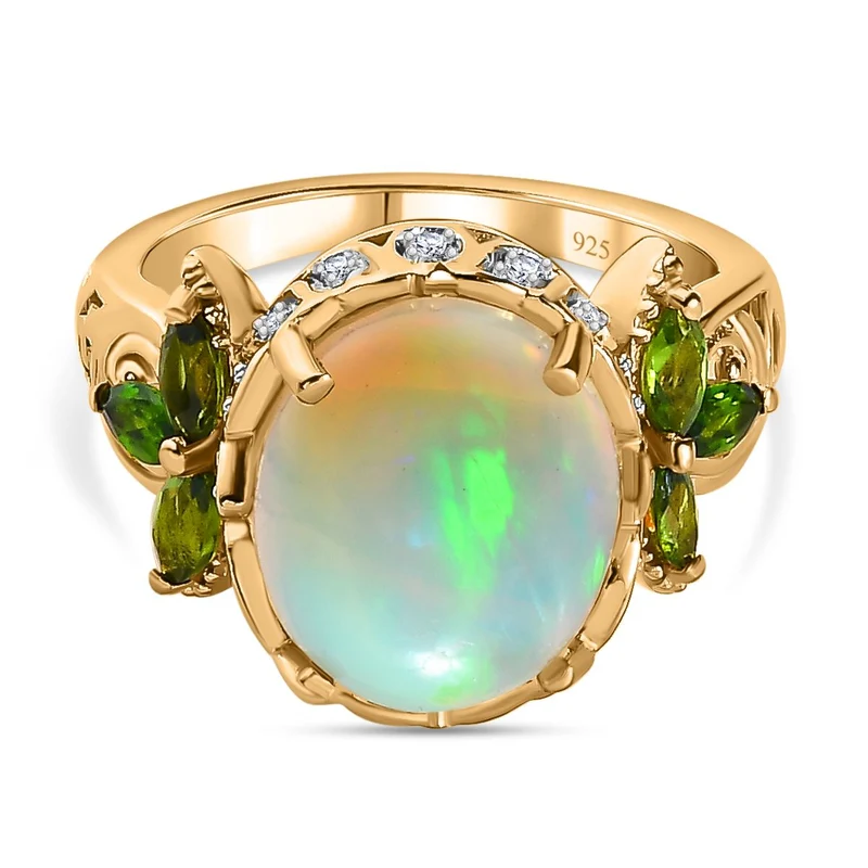 Natürlicher, äthiopischer Welo Opal, Natürlicher Chromdiopsid Ring, 925 Silber Gelbgold Vermeil, ca. 3.78 ct