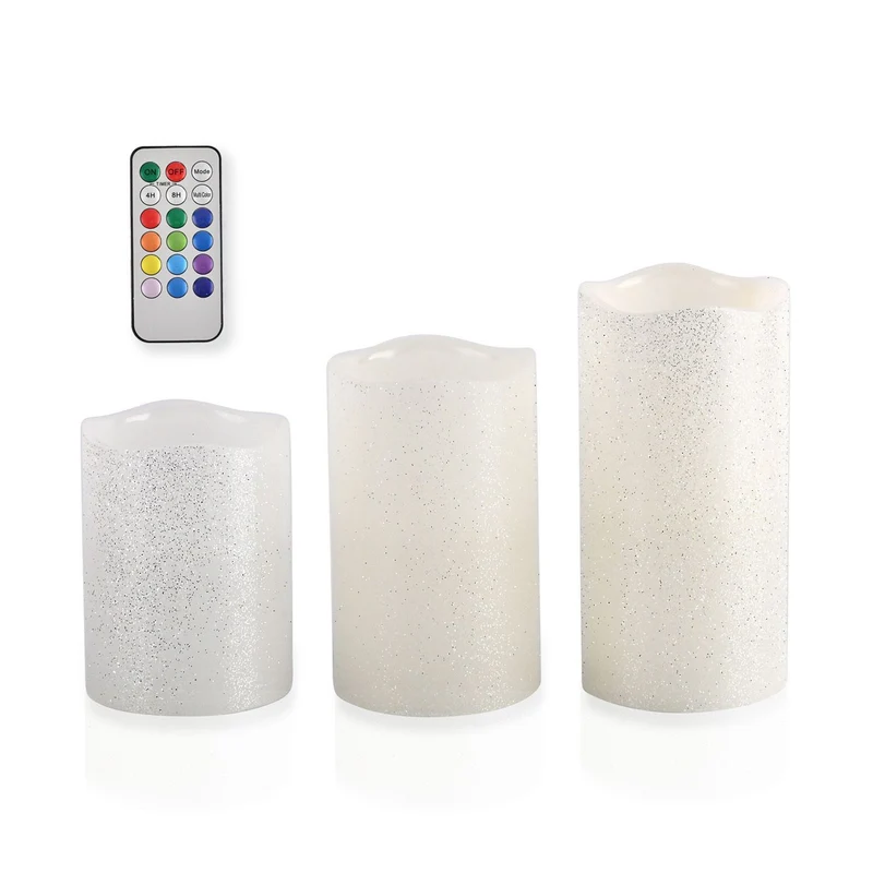 Echtwachs Kerzen mit Glitter und LED in 3er Set, Fernbedienung, Timer, Multi-Modis, 7,5 - 10 - 12,5 cm hoch, 550g