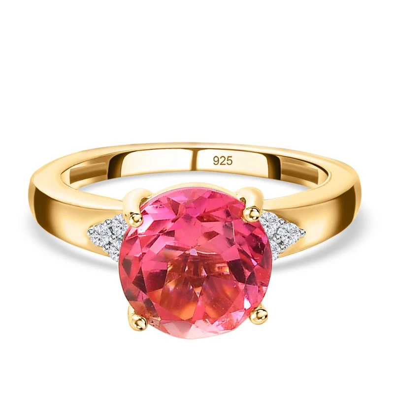 Sunset Quarz Triplette, Weißer Zirkon Ring, 925 Silber Gelbgold Vermeil ca. 3.36 ct