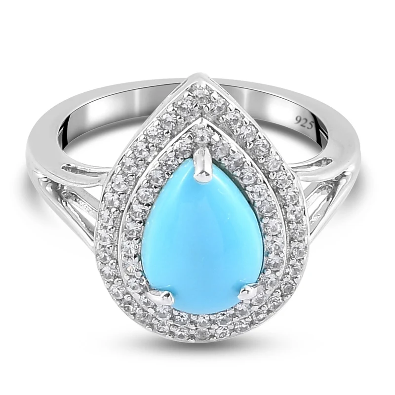 Natürlicher Sleeping Beauty Türkis und Zirkon Halo Ring 925 Silber platiniert ca. 1,84 ct