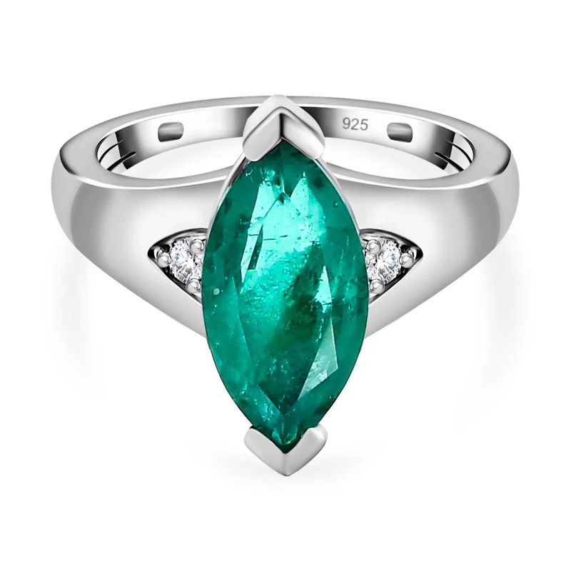 Smaragd-Quarz-Triplette, Weißer Zirkon Ring, 925 Silber platiniert ca. 3.33 ct