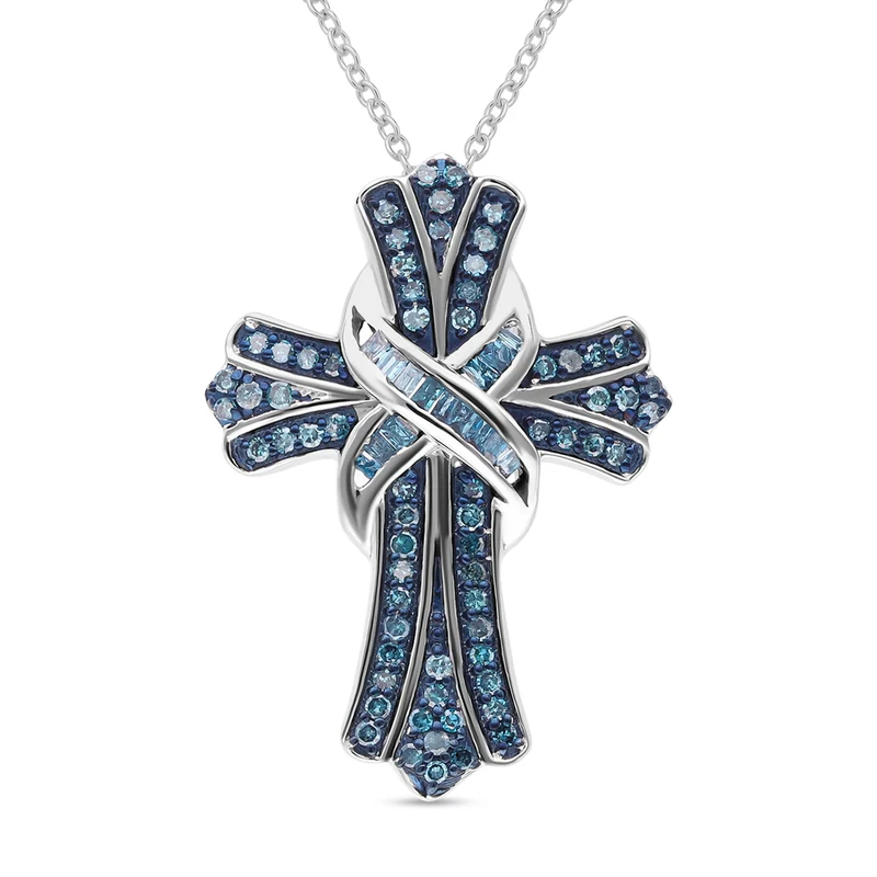 Blauer Diamant-Kreuz-Anhänger mit Kette, ca. 40+5 cm, 925 Silber platiniert ca. 0.50 ct