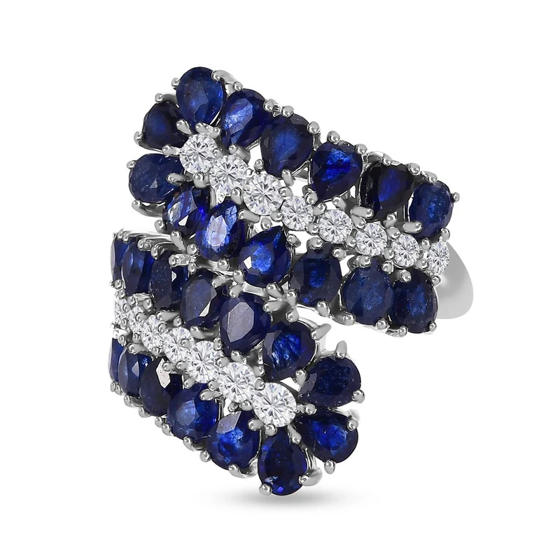 Masoala Saphir (Fissure gefüllt), weißer Zirkon Ring, 925 Silber platiniert, ca. 7.93 ct