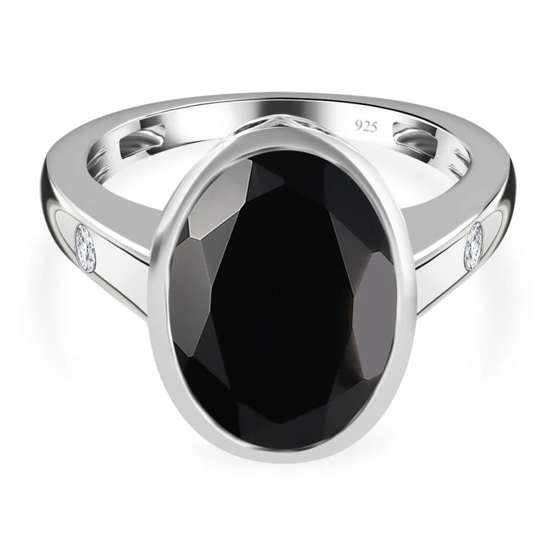Schwarzer Spinell, Weißer Zirkon Ring, 925 Silber platiniert, ca. 7.57 ct