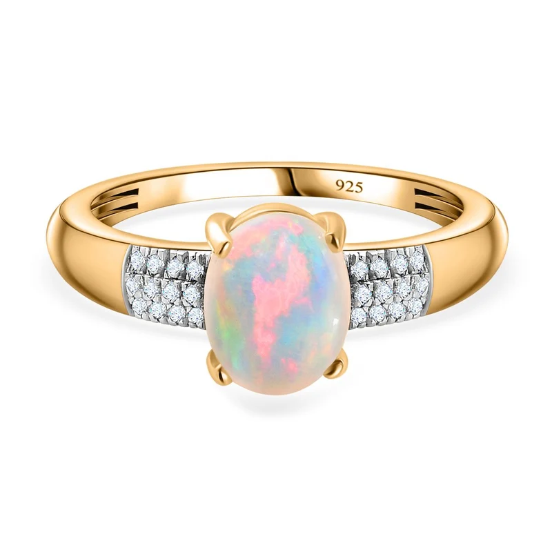 AA Natürlicher, äthiopischer Welo Opal, Weißer Diamant Ring, 925 Silber Gelbgold Vermeil, ca. 1.30 ct