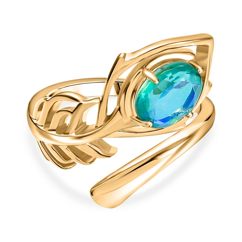 Pfau Quarz Triplette Ring, 925 Silber Gelbgold Vermeil ca. 1.50 ct