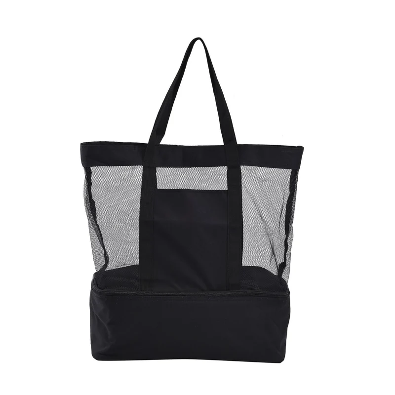 Zweistöckige Netz-Einkaufstasche mit Kühlfach, 37x15x42cm, schwarz