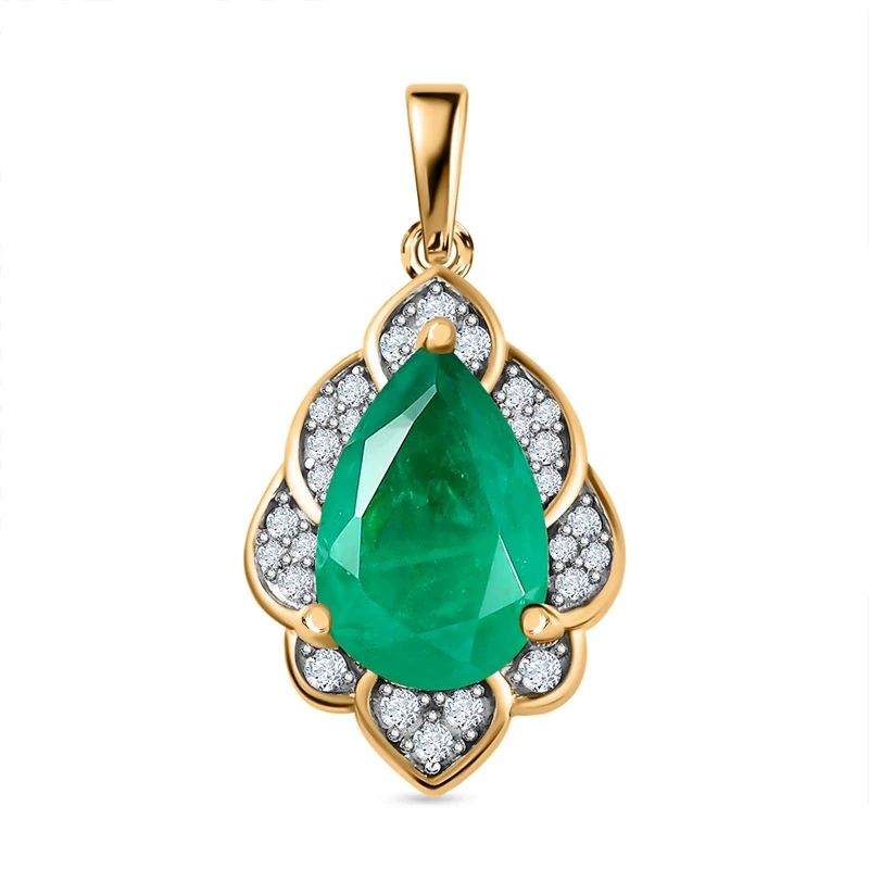 Smaragd-Quarz-Triplette, Weißer Zirkon Anhänger 925 Silber vergoldet ca. 3.97 ct