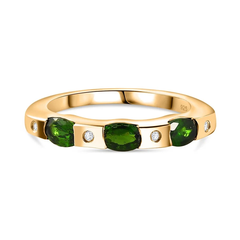 Natürlicher Chromdiopsid, Weißer Zirkon Ring, 925 Silber Gelbgold Vermeil, ca. 0.84 ct