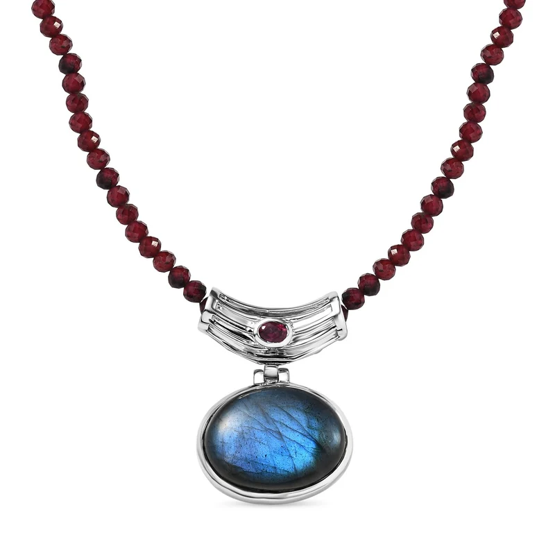 AAA Labradorit, Rhodolith Granat Schmuckset 925 Silber platiniert ca. 89,00 ct.