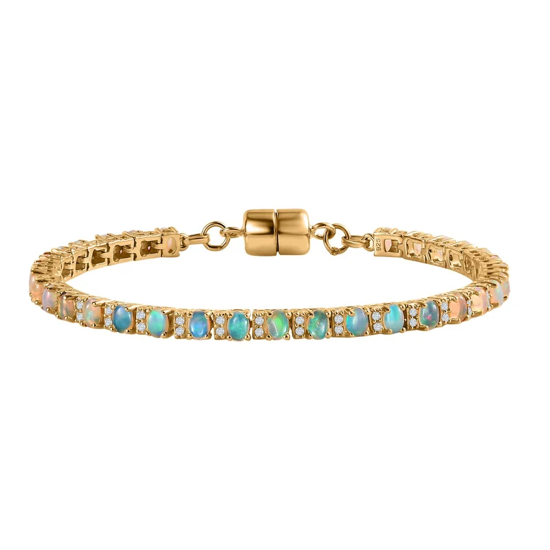 AA Natürlicher, äthiopischer Welo Opal, Weißer Zirkon Armband ca. 20 cm 925 Silber Gelbgold Vermeil ca. 4,27 ct.