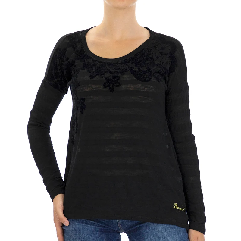 DESIGUAL, Strick-T-Shirt mit langen Ärmeln und Stickerei auf dem Oberteil, Schwarz, Größe 38