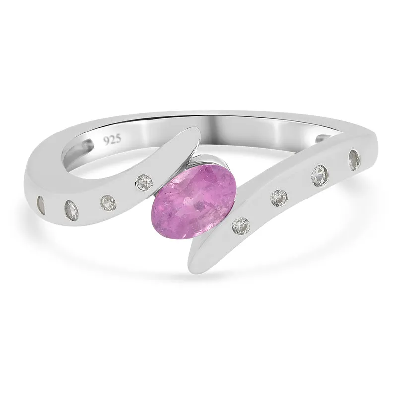 Ilakaka Rosa Saphir (Fissure gefüllt) und Zirkon Bypass Ring 925 Silber rhodiniert ca. 0,74 ct