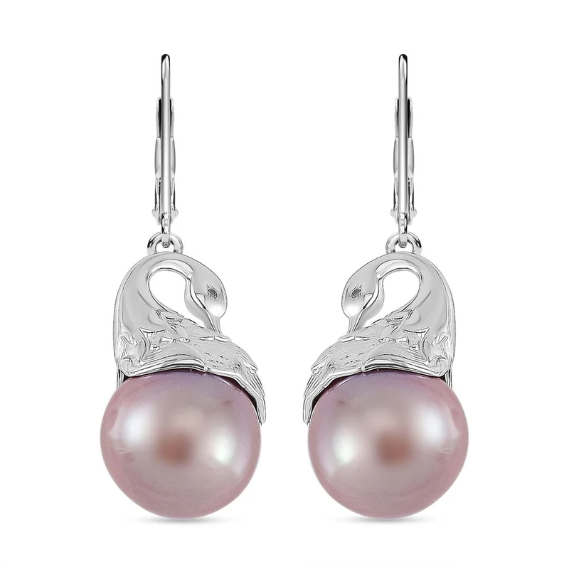 Lila Edison Perle, Weißer Zirkon Ohrringe 925 Silber platiniert